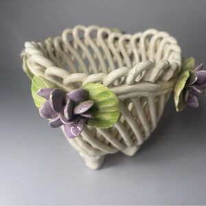 White Ceramic Lattice Basket with Purple Flowers and Green Leaves